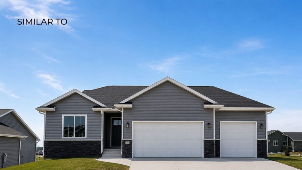 Exterior view of a gray house featuring a garage and driveway, part of available move-in ready homes in Norwalk, IA.